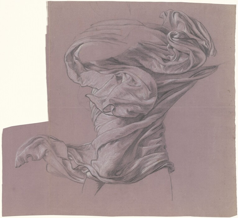 This is a drawing of draped fabric. The image showcases the fabric's folds, twists, and flow with a high degree of realism. The fabric looks soft and voluminous, with light and shadow illustrating its folds and creases. The drawing is on a delicate background, enhancing the texture of the drapery. Shading creates a three-dimensional effect, highlighting the fabric's form.