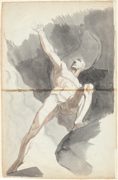 From below, we look up at a nude, muscular man striding from one dark gray boulder to another against a mist-gray background in this vertical drawing. The man’s left knee, to our right, is bent as he leans onto that leg. His other leg is stretched behind him so the foot reaches into the lower left corner of the sheet. The man holds his right arm, to our left, high with his fingers outstretched, and he turns his head to look in that direction. The background is mostly washes of muted, nickel gray with a lighter, fog-gray washes in the bottom left quadrant. The man’s body is outlined lightly in graphite and chalk and shaded with pale peachy tan. The sheet has a discolored crease across the middle.