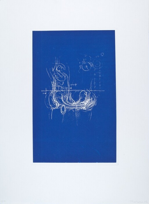 The image displays white lines and curves on a deep blue background. The lines create tangled, looping shapes, along with circular shapes and numerical annotations.