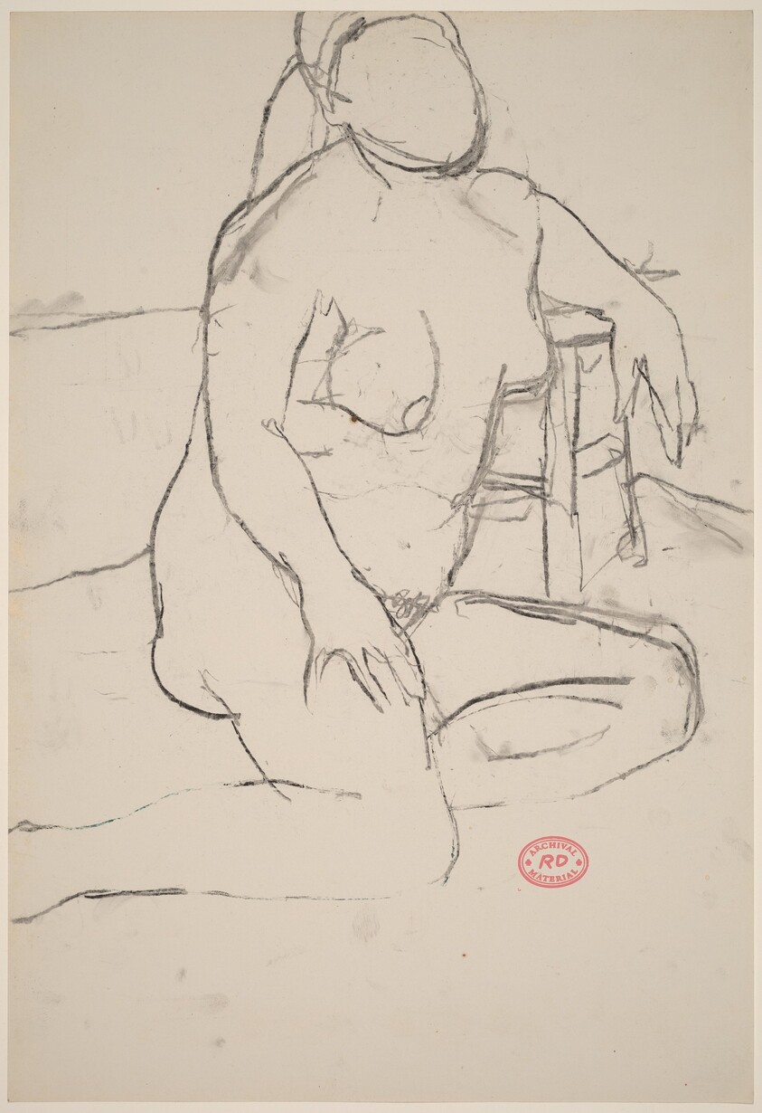 Untitled [seated nude female model leaning on stool]