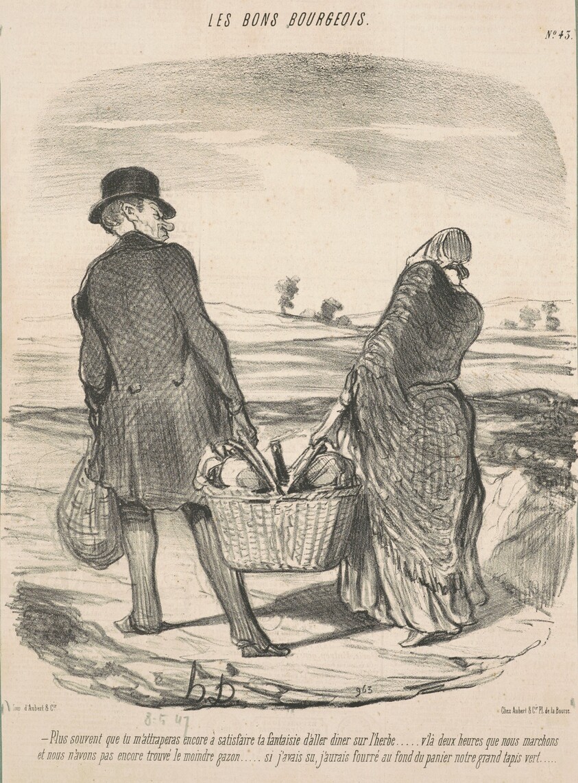 Plus souvent que tu m'attraperas encore à satisfaire ta fantaisie d'aller dîner sur l'herbe . . . V'là deux heures que nous marchons et nous n'avons pas encore trouvé le moindre qazon . . . Si j'avais su, j'aurais fourré au fond du panier notre grand tapis vert.
