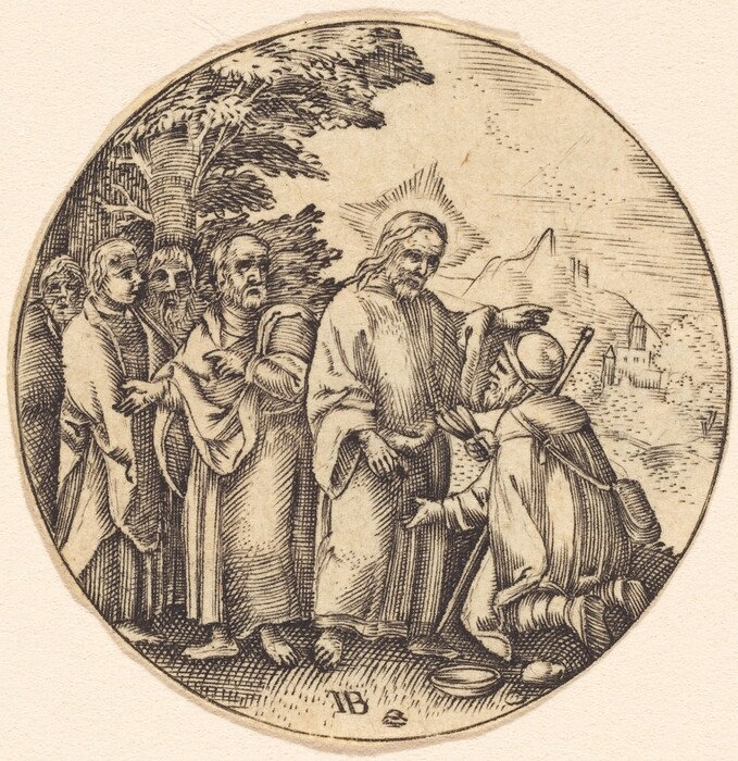 This is a drawing of a group of individuals engaged in an interaction. The composition depicts a central figure with a halo reaching out to a kneeling individual on the ground. The kneeling person appears to be holding a cane and a bowl. Surrounding them are other individuals gesturing and observing the interaction with varied expressions. In the backdrop are natural elements like a tree and a distant landscape with hills. The figures and the environment are detailed with delicate lines and cross-hatching, indicative of an engraving or etching technique.
