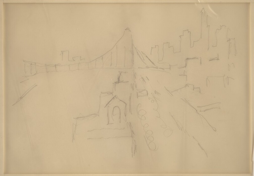 The image shows a pencil sketch of an urban landscape. From an elevated viewpoint, a bridge crosses the scene with a tower protruding. Buildings in the distance suggest a cityscape. Closer, a structure with an arched doorway is visible, accompanied by faint lines indicating a street. The drawing is gestural with light strokes and minimal detail in a monochromatic style on cream-colored paper.
