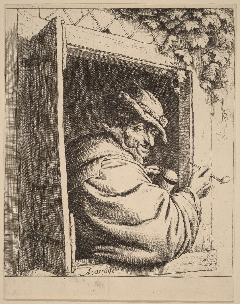 Peasant at a Window Holding a Pipe and a Jug