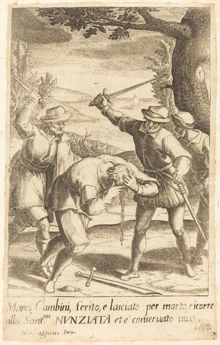 This is an illustration of a confrontation in a rustic landscape. Three figures are overpowering a fourth figure, who appears wounded and holding his head. The figures are armed and wearing historical garments. The background shows trees, a body of water, and a distant boat. The detailed texture and line work resemble a historical etching. Text at the bottom suggests a narrative for the image.
