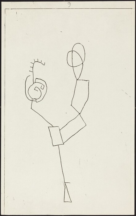 The image features an abstract composition of lines and shapes, including a combination of rectangles, curves, and loops. At the top left, a spiral shape is present, while towards the right, a set of overlapping ovals can be seen. The structure is anchored by a series of connected rectangular and angular lines, giving a sense of movement. The linear elements culminate in a small triangle at the bottom.