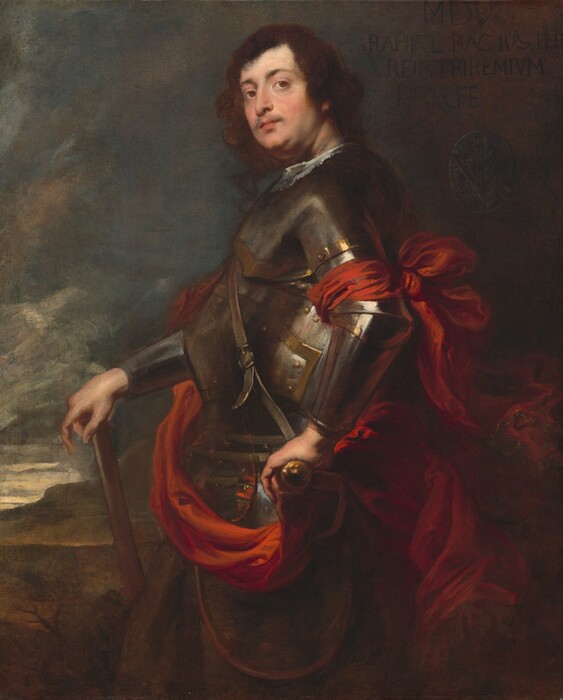 Shown from the knees up, a pale-skinned man wearing armor stands with his body facing our left in profile but he turns his head to look up and over our right shoulder in front of a distant, gray landscape in this vertical portrait painting. He looks into the distance with brown eyes under dark, arched eyebrows. Chestnut-brown hair flows around his ears and to the back of his neck. His straight nose is slightly hooked at the end, and his pink lips are closed under a wispy mustache. He has plump, lightly flushed cheeks, and sagging jowls lead to a double chin. Light from our left glints off the suit of armor that covers his arms and round belly. He stands with his left hand, closer to us, resting on the hilt of a sword hanging at his side so his elbow points toward us. His other hand rests on the top of a cane. A leather strap crosses his chest, and a thin layer of lace encircles his neck. A ruby-red sash is tied around his upper left arm in a bow and billows around and behind him. The landscape beyond has a dark blue sky with charcoal-gray clouds above a low, sunlit horizon. The painting is inscribed with dark capital letters in the upper right corner: “MDV RAPHAEL RACIVS. H REIP. TRIREMIVM PRAEFE.”