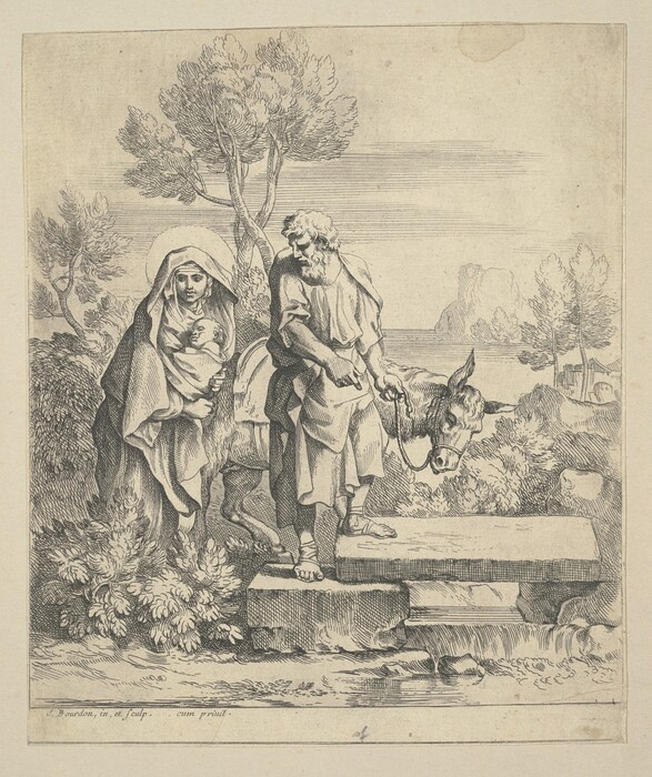 This is a drawing of a pastoral scene with a traveler, a woman carrying a child, and a donkey. The drawing depicts a serene landscape with a detailed foreground. There is a figure leading a donkey across a stone bridge over a small stream. The person is holding the reins of the donkey, whose head is slightly lowered. Adjacent to them is a woman cloaked in drapery, holding a child securely in her arms, and they are partially concealed by lush foliage. Behind them, the landscape is marked by elegantly drawn trees with plentiful leaves and distant rocky formations, adding depth to the scene. The scene captures a gentle, quiet moment set against a backdrop of undulating hills and sparse vegetation.