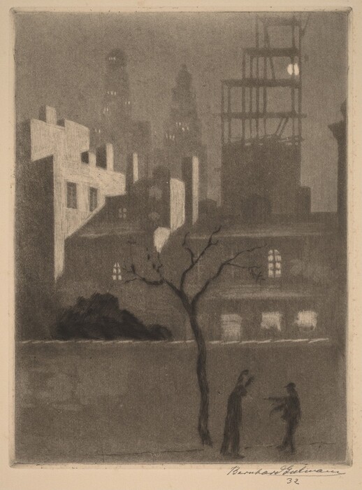 The image shows a city landscape from ground level. Buildings block the horizon, with tall buildings in the distance partially covered in mist. The scene has a soft focus and hazy effect due to blended brushstrokes. The color palette is muted with tones of gray and black. Two figures are seen interacting under a tree with urban structures in the background.