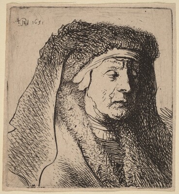 Bust of an Old Woman in a Furred Cloak and Heavy Headdress, Rembrandt van Rijn and Studio of Rembrandt van Rijn, 1631