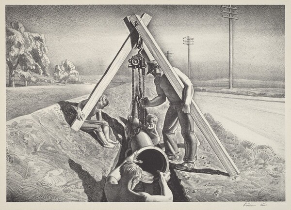 Untitled (Workmen Lowering Pipe Section into a Ditch)