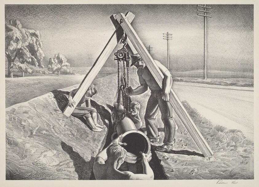 Untitled (Workmen Lowering Pipe Section into a Ditch)