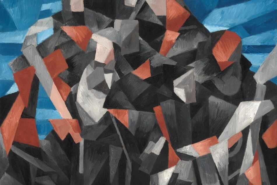 Angular, geometric shapes in charcoal and smoke black, pewter and silver gray, white, pale pink, and coral orange pile up to form a rough pyramid shape that fills the height of this square, abstract painting. More fragmented shapes in cobalt, azure, and light blue fill the upper left and right corners to either side of the apex, and one triangular space on its middle left. The artist has inscribed, “LA PROCESSION SEVILLE” in black capital letters near the top right edge and “Picabia” in the lower right.