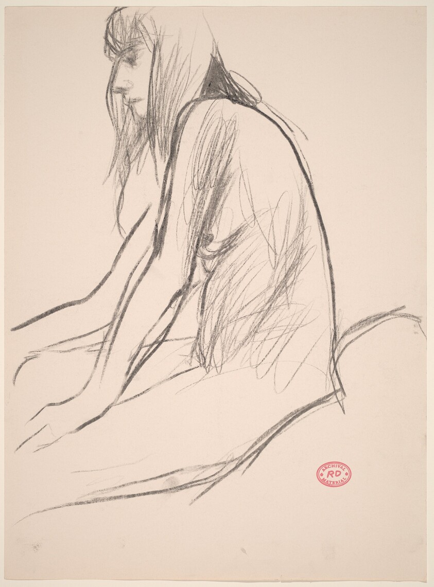 Untitled [side view of seated female nude with long hair]