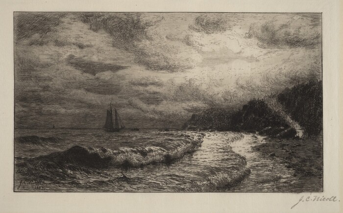 The image shows a view of the seaside from the shore. The horizon, waves, a sailing ship, and a rugged coastline are visible. The sky is cloudy, and the scene is done in fine lines typical of etching. The color palette is monochromatic in black, gray, and white. The water has curling waves, creating a sense of movement.