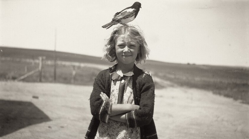 Untitled (Girl with bird perched on top of head)