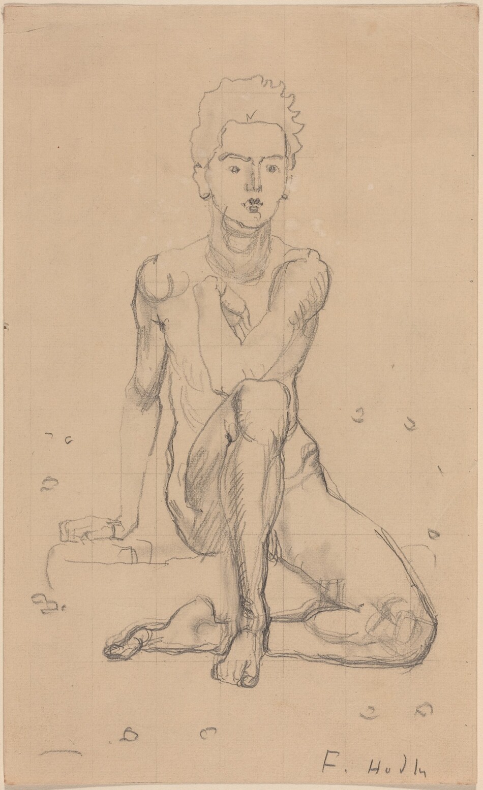 The image is a pencil sketch of a seated figure from the waist up. The person has one knee raised and bent with one hand on the bent knee and the other hand on a flat surface beside them. The head is turned slightly forward, facing the viewer with simple facial features, including eyebrows, eyes, a nose, and lips. The hair is short and textured. The figure is unclothed, showing muscular outlines of the torso and limbs. The background is plain with subtle indications of surroundings. The bottom right of the sketch is signed "F. Hodler."