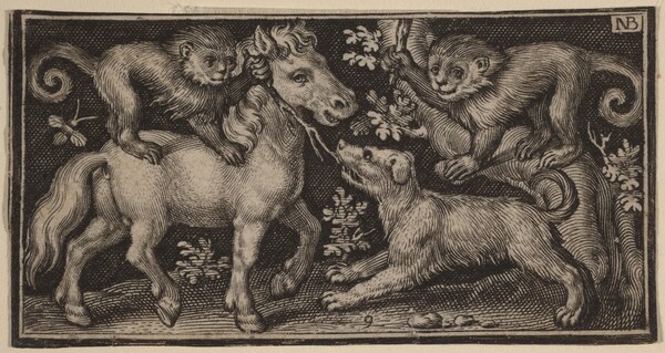 Horse with Two Monkeys and a Dog