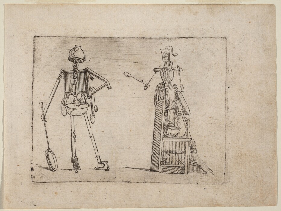 The image displays irregular, angular shapes and lines forming two abstract figures resembling human skeletons. The figure on the left consists of a helmet-like head with a chain and square shapes for the torso, along with elongated lines and geometrical joints for limbs. The figure on the right has a drip-like head with a funnel crown and a body composed of straight and slanted lines, appearing like a cloaked figure beside a bookcase or storage shelf. Both figures suggest a connection to mechanical or puppet-like objects with various utensils, merging into an abstract representation of kitchenware resembling humanoid forms.