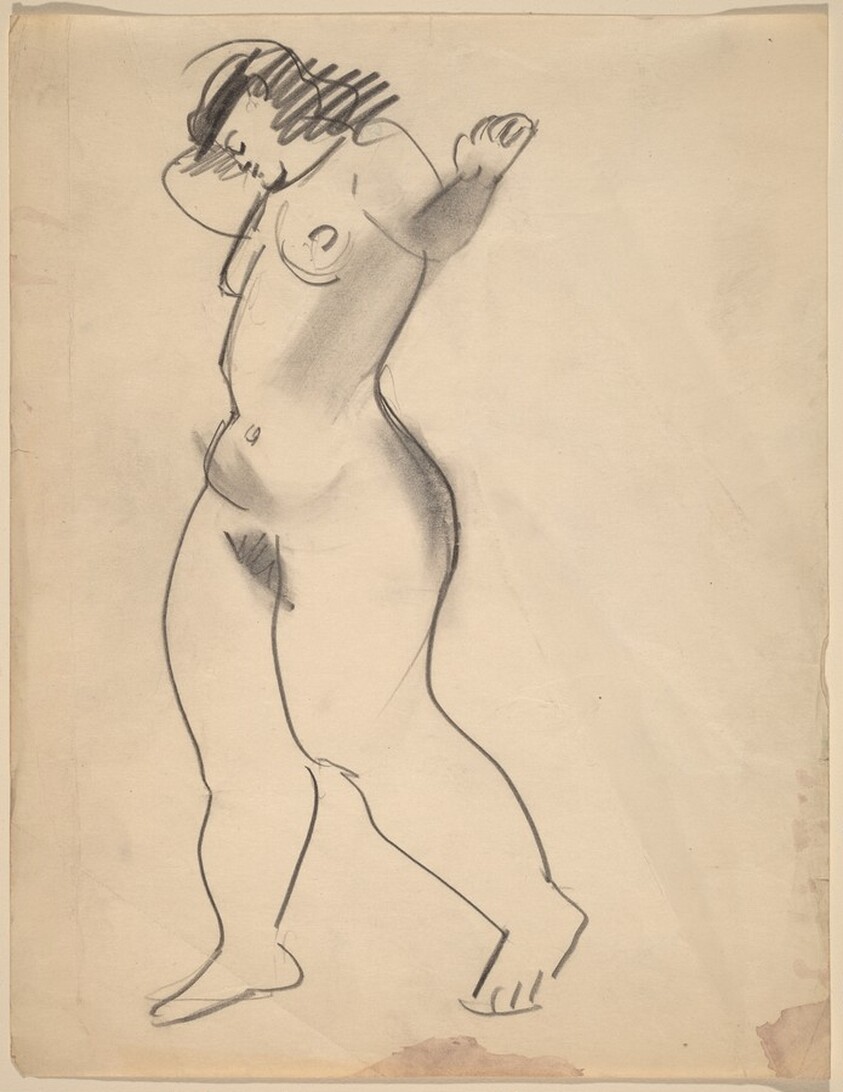 Standing Nude Turned to the Left, Arms Raised and Head Lowered