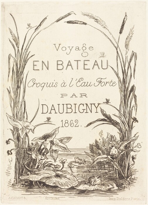 This is a drawing of a decorative title page with botanical elements and text. The central focus is the text "Voyage En Bateau Croquis à l'Eau Forte Par Daubigny 1862," with detailed illustrations of plants and water elements surrounding it. Tall cattails, grasses, and leaves are featured, along with a water scene at the bottom including lily pads, flowers, and possibly small animals or insects. The drawing is monochromatic, highlighting its intricate line work and attention to detail.