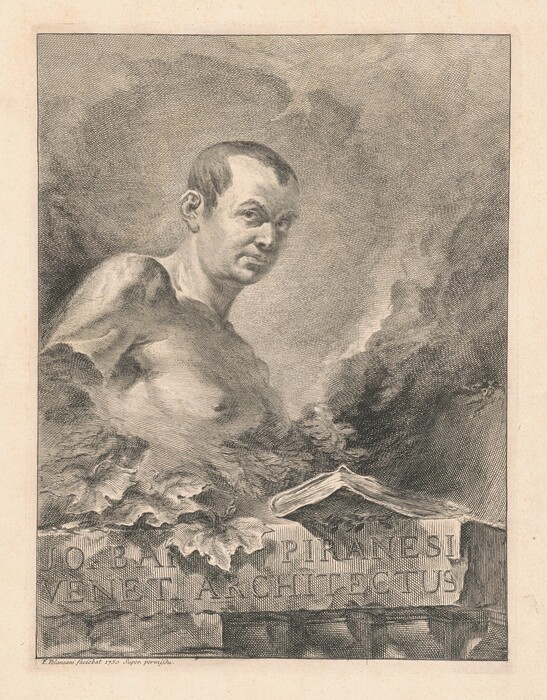 The image shows an illustration of the bust of a man. He is depicted in a slightly turned position, facing slightly left from the viewer's perspective, with short cropped hair, a pronounced forehead, and a defined jawline. The man has a neutral expression, bare chest, and is surrounded by decorative elements resembling clouds or floral motifs. There is an architectural element below with the inscription “PIRANESI VENET. ARCHITECTUS." The background features swirling patterns resembling clouds.