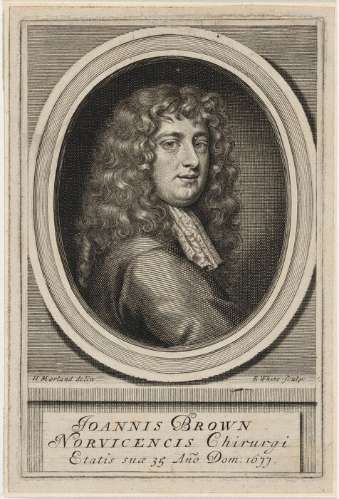 The image is a detailed portrait of a man in period clothing sitting. He is facing slightly to the side, showing a three-quarter view. The man has a prominent nose, slightly arched eyebrows, and curly hair flowing over his shoulders. He wears a high-collared coat with a cravat or lace around his neck. Surrounding him is an oval frame with radiating lines. In the background, there is a dark stippled texture. Below the portrait, a script identifies the man as "Joannis Browne" and provides additional information about the engraver and artist.