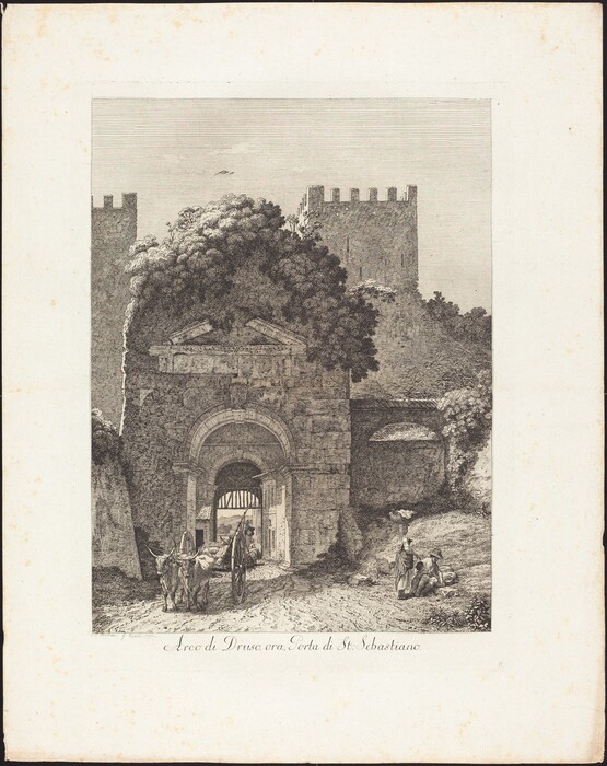 The image shows a black and white etching of an ancient stone archway with fine brushwork detailing the stone and foliage. A man leads a cart pulled by donkeys towards the arch, while two figures sit on the ground to the right. In the background, the archway leads to a secondary arched gate. Tall trees and foliage crown the arch, with towers rising above them. The sky blends with the horizon, creating a monochromatic palette emphasizing texture and depth.