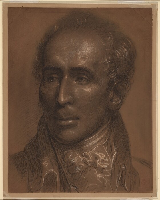 The image is a drawing of a person's head and part of the upper chest. The person is facing forward with their head slightly tilted to one side. The facial features are well-defined, with high cheekbones, a straight nose, and medium lips. The person has wavy hair that is receding slightly from the forehead. They are wearing a high-collared shirt with an elaborate cravat. The background is a plain textured surface. No jewelry or objects are visible.