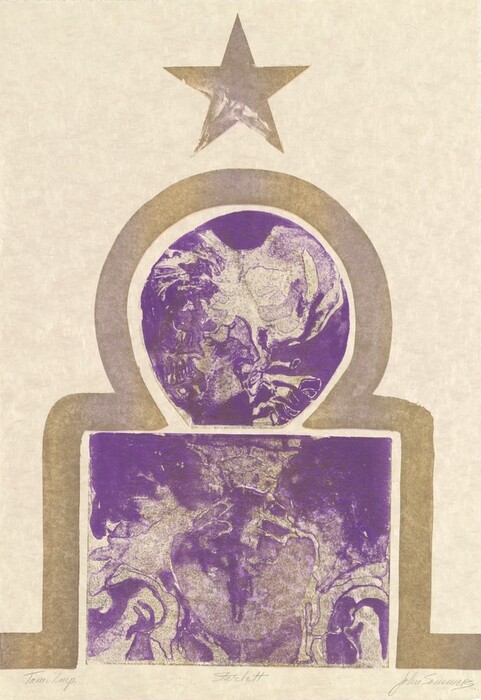 The image shows geometric shapes forming an abstract composition. A star sits atop an arch-like shape, under which a circular form contains intricate swirling patterns in shades of purple and beige. Below this circle is a rectangular area filled with similar abstract designs, resembling a textured tapestry. The arrangement may evoke a symbolic gateway or a stylized depiction of a cosmic altar.