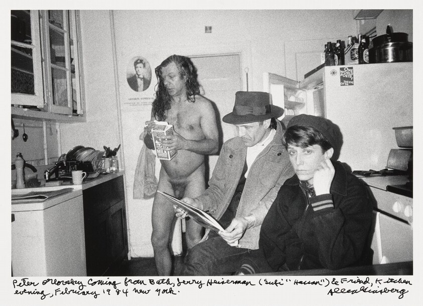 Peter Orlovsky coming from bath, Jerry Heiserman (Sufi "Hassan") & friend, Kitchen evening, February 19, 1984 New York.