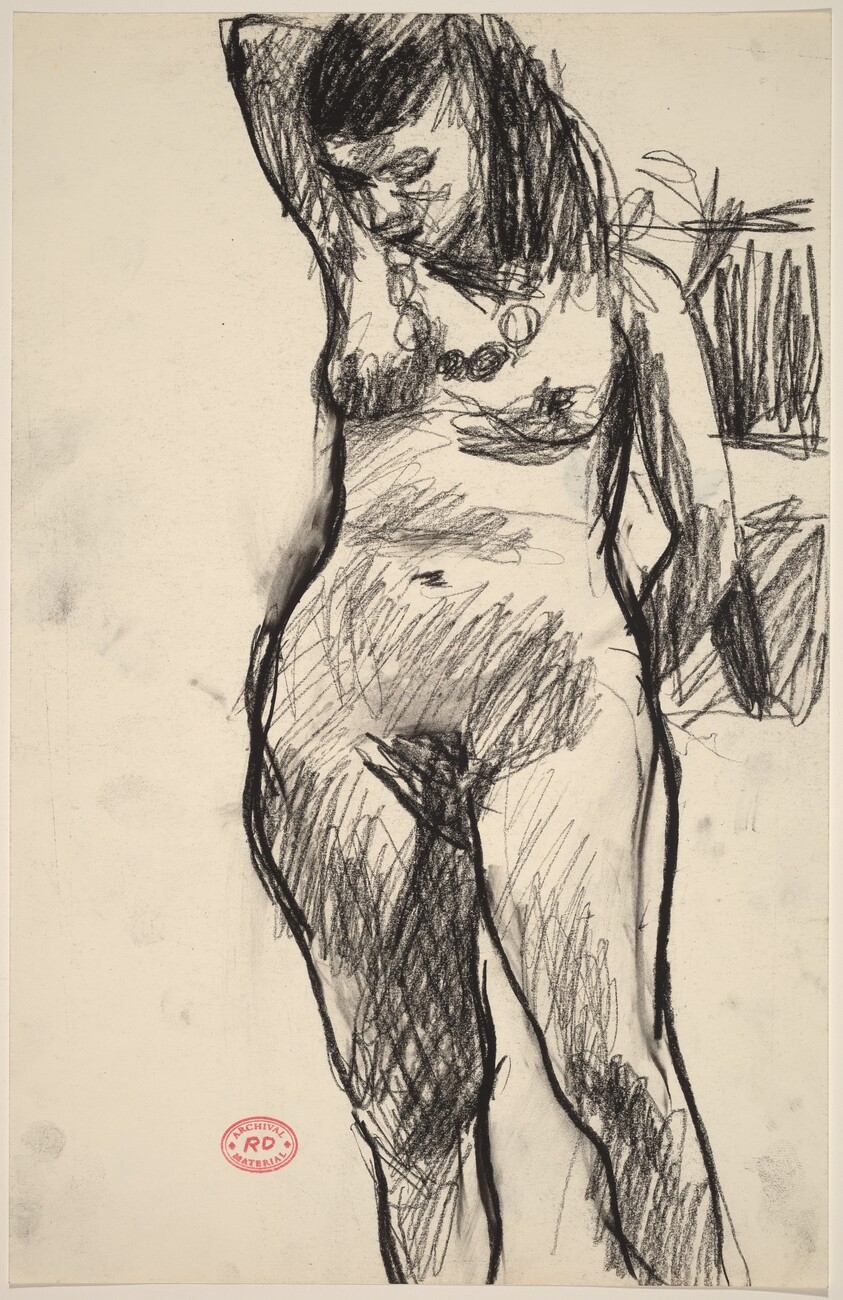 Untitled [standing nude looking down with right arm behind her head]
