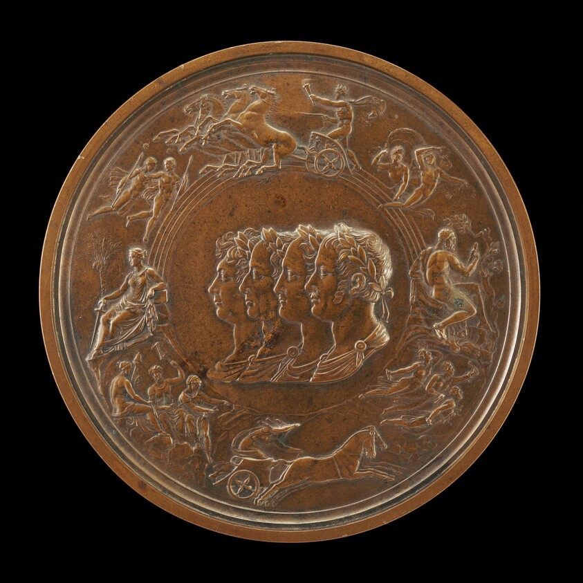 The Waterloo Medallion: The Prince Regent (later George IV) of England, Francis II of Austria, Alexander I of Russia, and Frederick Wilhelm III of Prussia Surrounded by Symbols of Power and Justice, with Day, Night, the Fates, and the Furies [obverse]