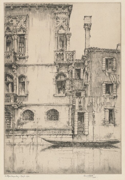 The image is an engraving featuring a building by a canal in Venice. The building has ornate windows and balconies with semi-circular arches. The water's reflective surface forms the horizon line, with a gondola nearby. The etched brushstrokes emphasize the architectural details with fine lines and delicate textures. The monochrome color palette focuses on shades of black and white, highlighting the details. Clothes are seen hanging out to dry, adding a sense of life.