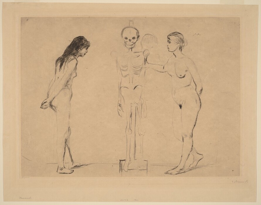 The image depicts a sketch of two individuals and a skeleton. One individual on the left is standing in profile with arms crossed behind their back, while the other person on the right is facing towards the skeleton and has one hand resting on its rib. Both individuals are nude with no visible clothing or jewelry. The skeleton is positioned between the two individuals on a stand. The background is plain and minimal, emphasizing the figures.