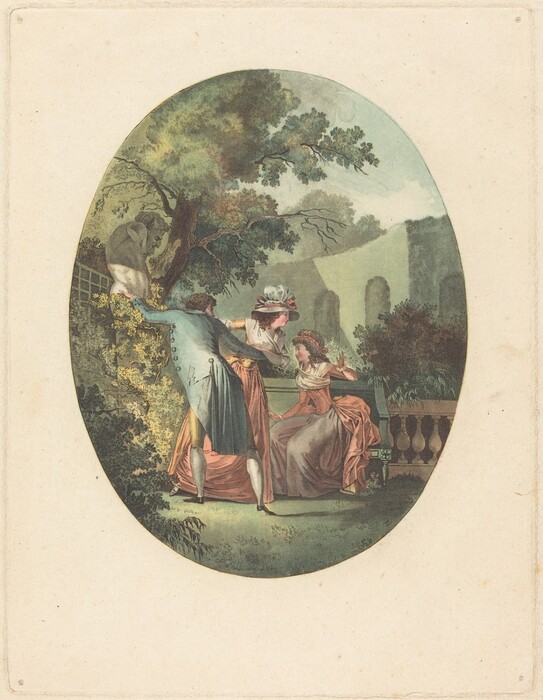 The image shows three individuals in a garden setting. The man on the left wears a blue coat, breeches, and stockings. The woman in the center wears a large feathered hat and a soft-colored dress. The woman on the right wears a red dress and a flowery bonnet. The background features a large tree, dense foliage, a stone balustrade, and a partially visible statue. The atmosphere is serene.