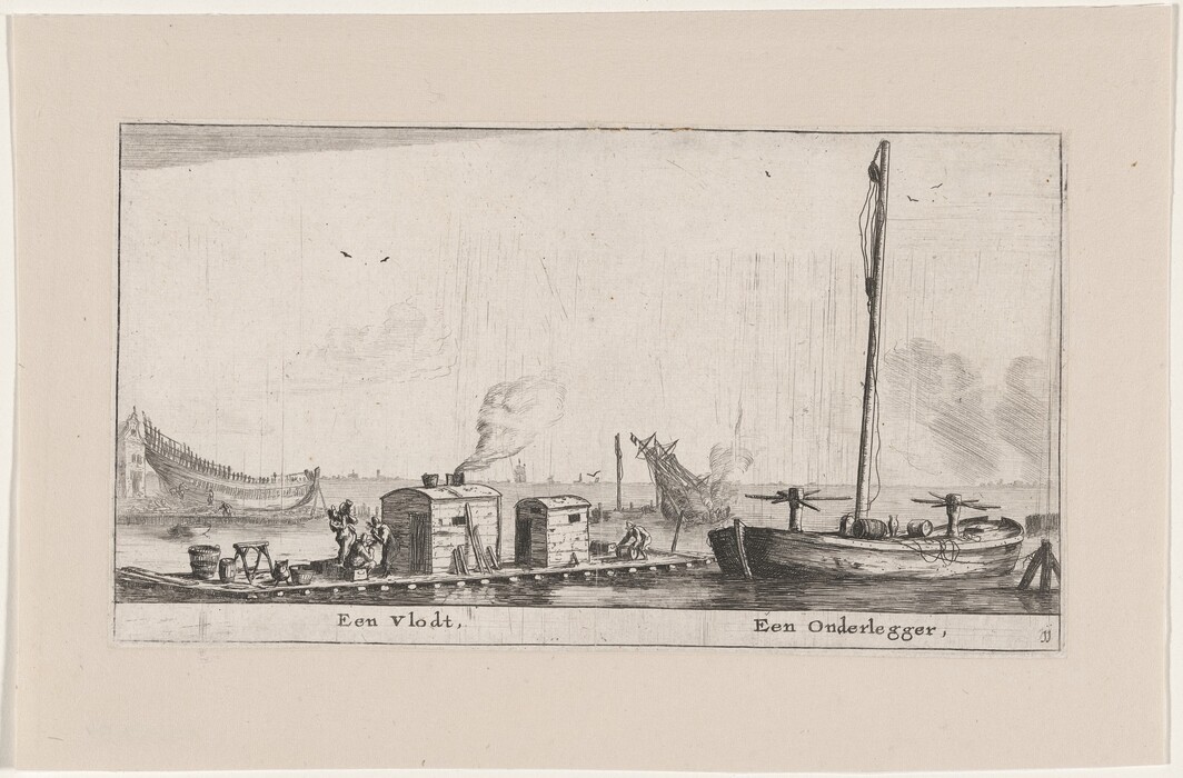 The image depicts a black and white etching of a nautical scene. Various elements are shown, including boats, structures, pots, and barrels. The detailed composition features fine lines suggesting textures of water and wood. The monochromatic palette enhances the historical atmosphere of the scene.