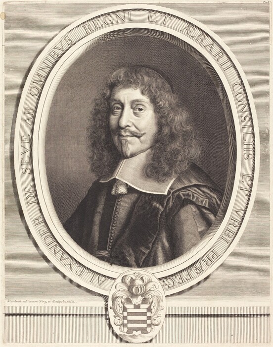 The image is a portrait of a man in a slight three-quarter view, with long wavy hair, a well-groomed mustache and goatee. He wears a dark garment with a high rounded collar and a decorative ribbon tied at the neck. An oval frame with an inscription surrounds him. At the bottom, there is an elaborate coat of arms. The background has a lined pattern that contrasts with the man's clothing and hair, emphasizing the figure within the ornate border.