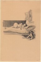 Illustration for "Jestrab Kontra Hrdlicka, XXII" (Girl asleep on a bed), Karel Vitezslav Masek, c. 1890