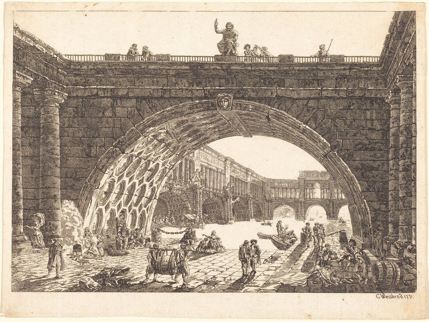 The image features a stone archway with people on top and a sculpted figure above them. In the background, there is another large arch framing the sky and a boat on the water. The illustration has intricate linework depicting textures and human figures. The color scheme is monochromatic with shades of brown and sepia. People are depicted engaging in various activities on a path with ornate buildings in the distance.