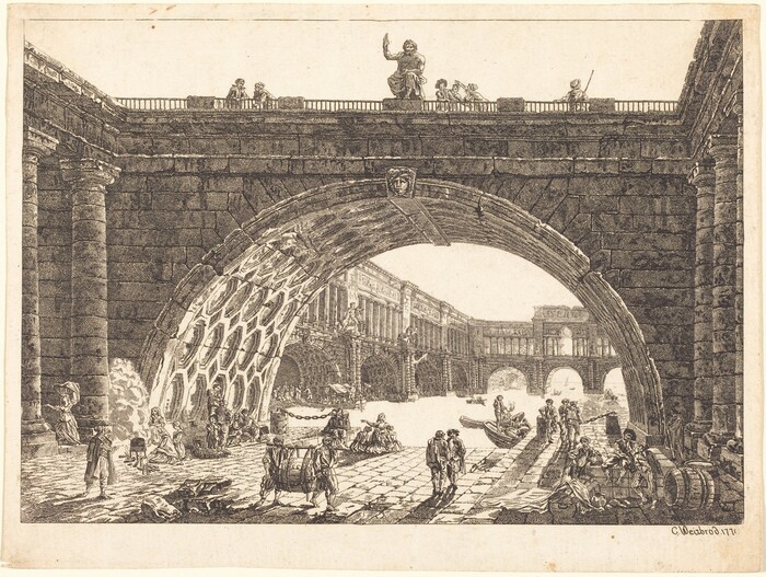 The image features a stone archway with people on top and a sculpted figure above them. In the background, there is another large arch framing the sky and a boat on the water. The illustration has intricate linework depicting textures and human figures. The color scheme is monochromatic with shades of brown and sepia. People are depicted engaging in various activities on a path with ornate buildings in the distance.