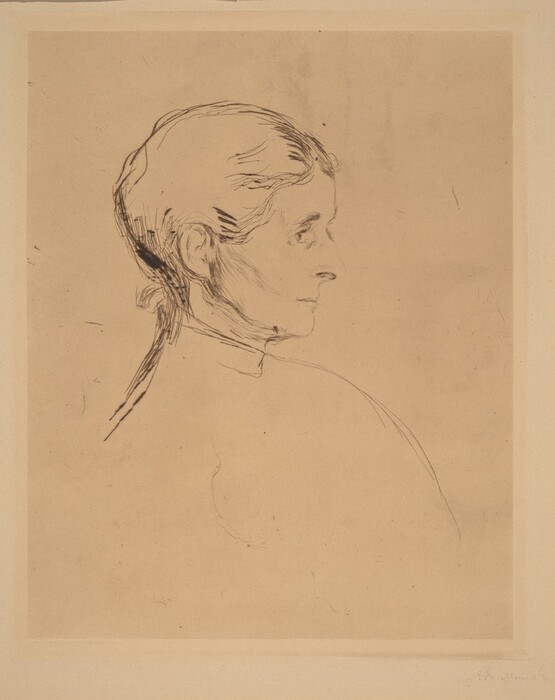 The image shows a profile view of a person from the shoulders up, facing right. The person has distinct facial features, including a prominent nose and an even gaze. Their hair is neatly styled, pulled back, and secured, emphasizing the facial profile. They are wearing a high-necked garment. The background is plain and neutral, with no additional elements present. A signature is visible in the lower-right corner of the image.