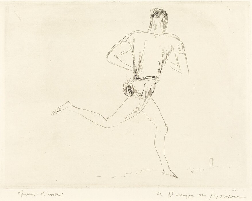 The image shows a line drawing of a person seen from the back. The individual is posed dynamically with one leg extended forward and their body angled slightly. The hair is short and depicted with quick strokes. The person is minimally dressed in what appears to be shorts or briefs. The background is plain with faint lines hinting at grass or ground.