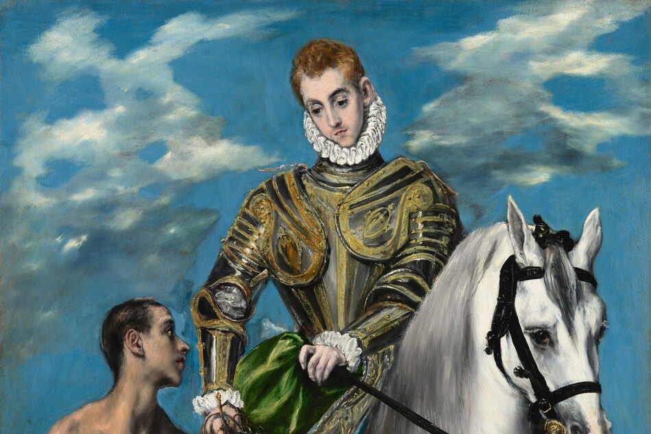 An armored man on horseback hands a piece of emerald-green cloth down to the nearly nude man standing next to him in this slightly stylized, vertical painting. Both men have light skin, and they, along with the horse, nearly fill the composition. To our right, the bright white horse stands angled to our right with the front left hoof raised. It has a smoke-gray mane, and wears a black bridle. The man riding the horse has short, copper-blond hair and a long face with a pointed chin. He looks down at the ground with dark eyes under black, arched brows. He has a long, thin nose, and his small lips are closed and framed by the faint suggestion of a mustache. He wears a white ruff pleated into figure-eights over his high-necked armor, which is liberally outlined and decorated with gold against the pewter-colored plates. He grips the voluminous, green cape in one hand and holds a sword in the other, down by the leg we can see. The cleanshaven man next to him, to our left, looks off to our right in profile. He has close-cropped, dark hair and smooth skin. His lips are parted, and he tips his head slightly away from us. He holds the green cloth with the hand closer to the horse and gestures down with his other pointer finger, in front of his hip. A white cloth bandage is wrapped around one shin, and he rests his weight on the other leg. The horse and man stand on a curving spit of brown earth. A spring-green landscape dips down behind them, running low near the bottom edge of the painting. The horizon comes about a quarter of the way up the composition, and fog-gray and white clouds create thin screens across the topaz-blue sky. The loose brushstrokes are visible in some areas, especially in the landscape and clothing. The artist signed his name in Greek near the lower right corner.