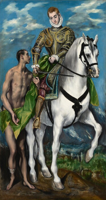 An armored man on horseback hands a piece of emerald-green cloth down to the nearly nude man standing next to him in this slightly stylized, vertical painting. Both men have light skin, and they, along with the horse, nearly fill the composition. To our right, the bright white horse stands angled to our right with the front left hoof raised. It has a smoke-gray mane, and wears a black bridle. The man riding the horse has short, copper-blond hair and a long face with a pointed chin. He looks down at the ground with dark eyes under black, arched brows. He has a long, thin nose, and his small lips are closed and framed by the faint suggestion of a mustache. He wears a white ruff pleated into figure-eights over his high-necked armor, which is liberally outlined and decorated with gold against the pewter-colored plates. He grips the voluminous, green cape in one hand and holds a sword in the other, down by the leg we can see. The cleanshaven man next to him, to our left, looks off to our right in profile. He has close-cropped, dark hair and smooth skin. His lips are parted, and he tips his head slightly away from us. He holds the green cloth with the hand closer to the horse and gestures down with his other pointer finger, in front of his hip. A white cloth bandage is wrapped around one shin, and he rests his weight on the other leg. The horse and man stand on a curving spit of brown earth. A spring-green landscape dips down behind them, running low near the bottom edge of the painting. The horizon comes about a quarter of the way up the composition, and fog-gray and white clouds create thin screens across the topaz-blue sky. The loose brushstrokes are visible in some areas, especially in the landscape and clothing. The artist signed his name in Greek near the lower right corner.