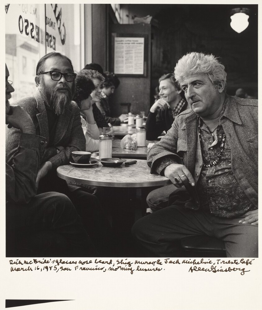 Rick McBride's glasses nose beard, Shig Murao & Jack Micheline, Trieste Cafe March 16, 1985, San Francisco, morning leisures.