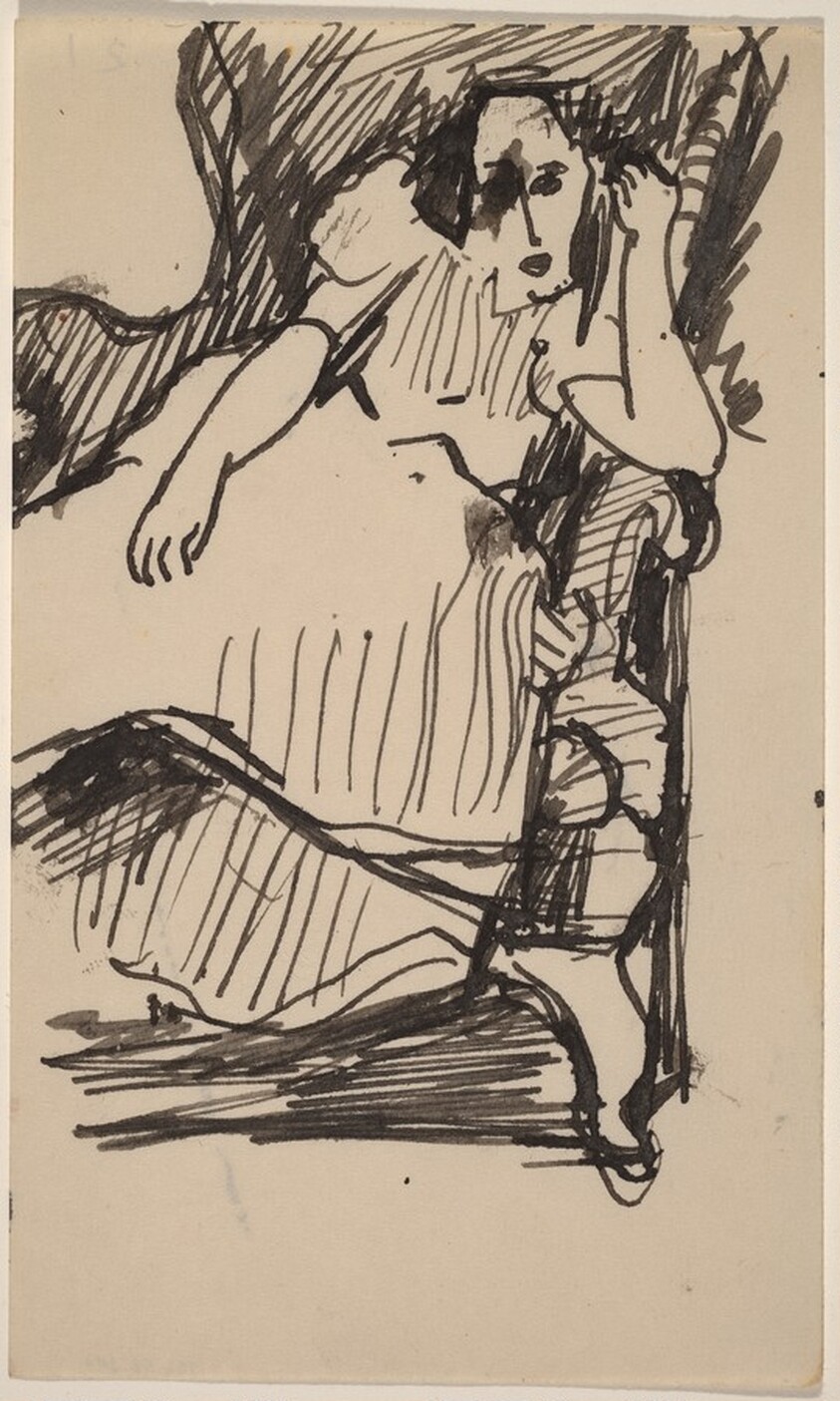 Woman in Dress Seated on Armchair with Left Arm Raised