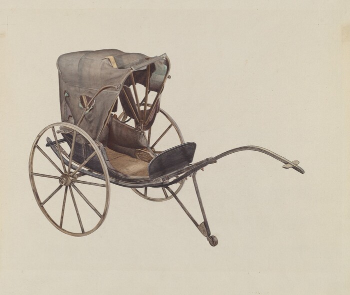 The image shows a rickshaw with two large spoked wheels and a curved canopy covering the seating area. The rickshaw has a neutral color palette with shades of brown and gray across its structure and covering. The rickshaw is positioned centrally, with the seat and canopy area slightly elevated and the pulling handles extending towards the left. The wheels and frame appear symmetrically on either side of the main seat.