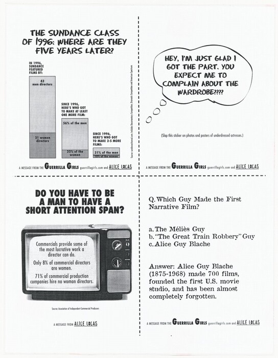 This is a drawing depicting gender disparities in film direction. The artwork is divided into four sections that address the underrepresentation and challenges faced by women in the film industry.

The top-left section features a graph comparing the number of male to female directors at the Sundance Film Festival in 1996 and provides statistics on the continuation of their careers.

The top-right section includes a satirical message in a speech bubble regarding "under-dressed actresses" on posters, highlighting issues with women's roles and attire in media.

The bottom-left section presents a question about gender and attention span with a drawing of an old television, along with statistics on women's lack of representation in commercial directing roles.

The bottom-right section features a trivia question about Alice Guy Blache, a pioneering female director often overlooked in history despite her significant contributions to the film industry.