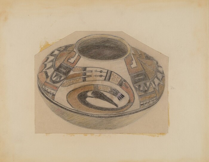 This is a drawing of a ceramic pot. The pot is round with a wide, open neck and a flattened body. The surface is decorated with intricate geometric patterns and designs. The decorations include bold, abstract shapes and lines in earth tones like brown, beige, and black. The background is plain, emphasizing the pot. The drawing is detailed, showing the textural qualities and symmetrical aesthetic of the pot’s embellishments.